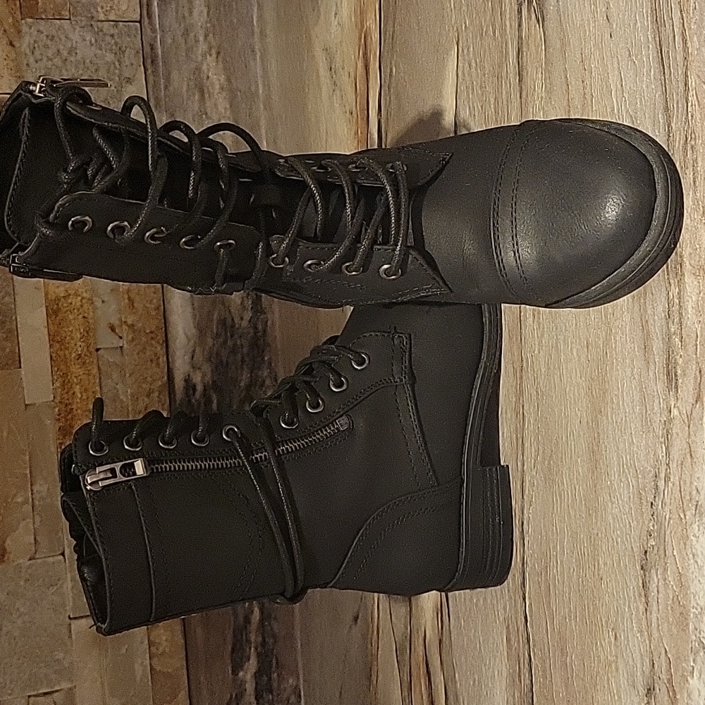 Women's Black Lace-Up Combat Booties with Side Zipper